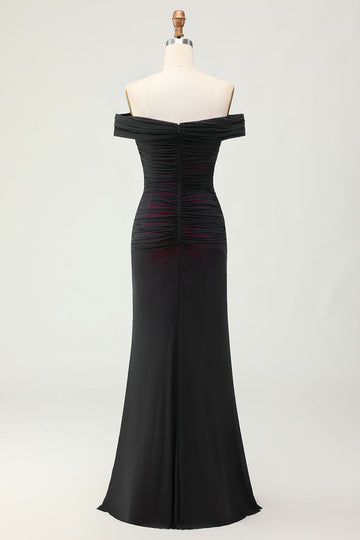 Off the Shoulder Sheath Black Pink Bridesmaid Dress with 3D Flower